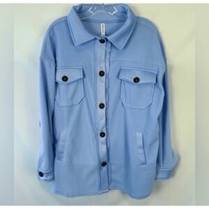 Womens Blue Fleece Button Front Shacket Size L Warm Relaxed Cozy Layering Boxy